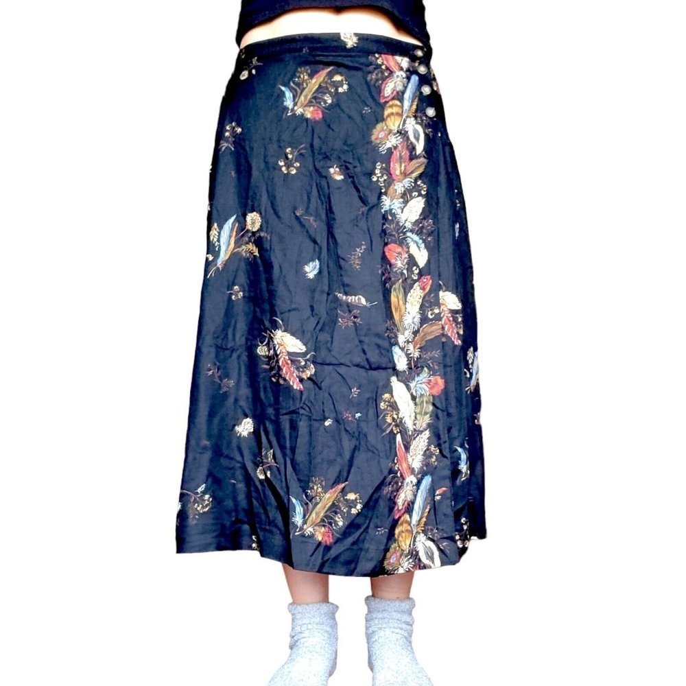 90s Medium Black Feather Print Boho Faux Wrap Midi Maxi Skirt Rayon USA - Picture 2 of 11